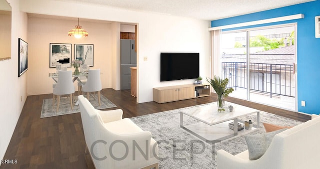 living room with dark hardwood / wood-style floors and a textured ceiling