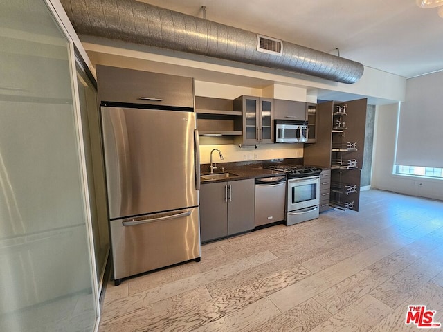 kitchen with sink, appliances with stainless steel finishes, and light hardwood / wood-style flooring