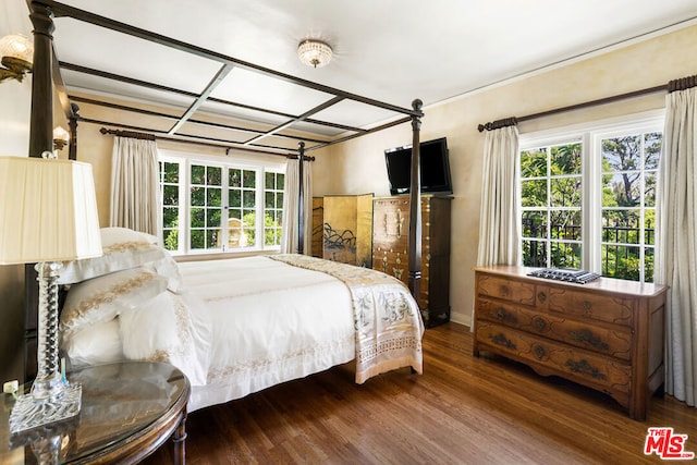 bedroom with dark hardwood / wood-style flooring