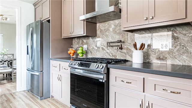 kitchen with appliances with stainless steel finishes, light wood-type flooring, tasteful backsplash, and wall chimney exhaust hood