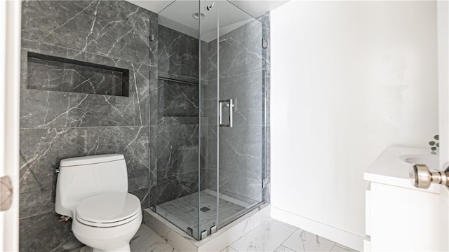 bathroom featuring walk in shower, vanity, and toilet