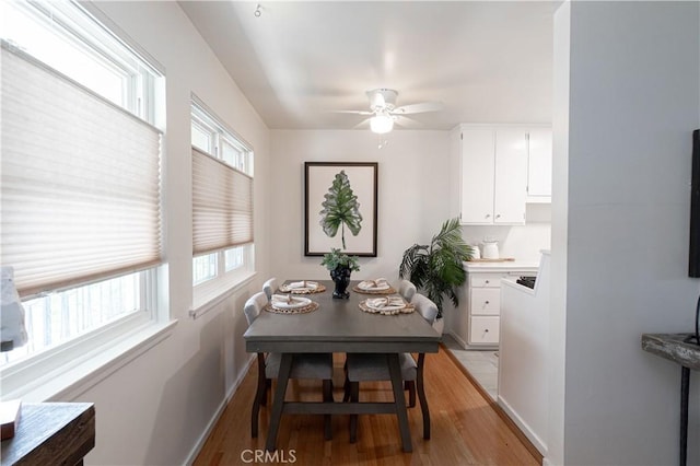 dining space with ceiling fan and light hardwood / wood-style flooring