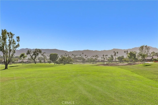 view of community with a mountain view and a lawn