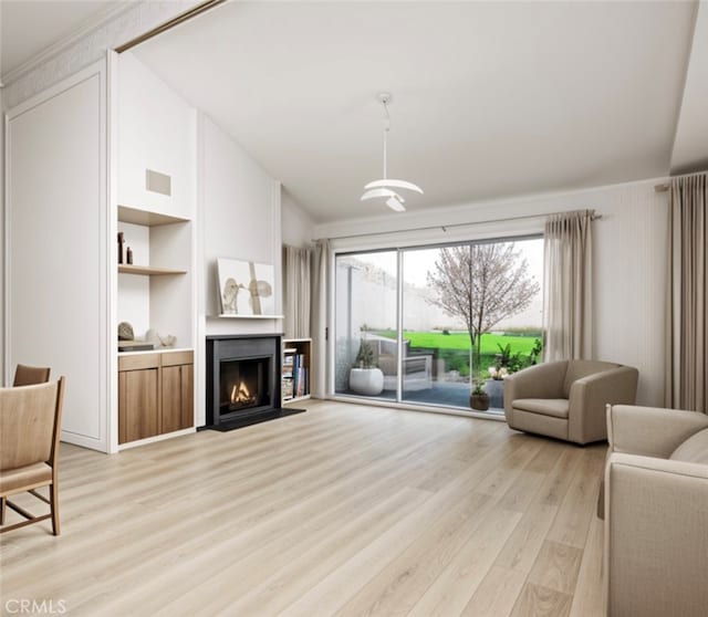 living room with light hardwood / wood-style floors and built in shelves