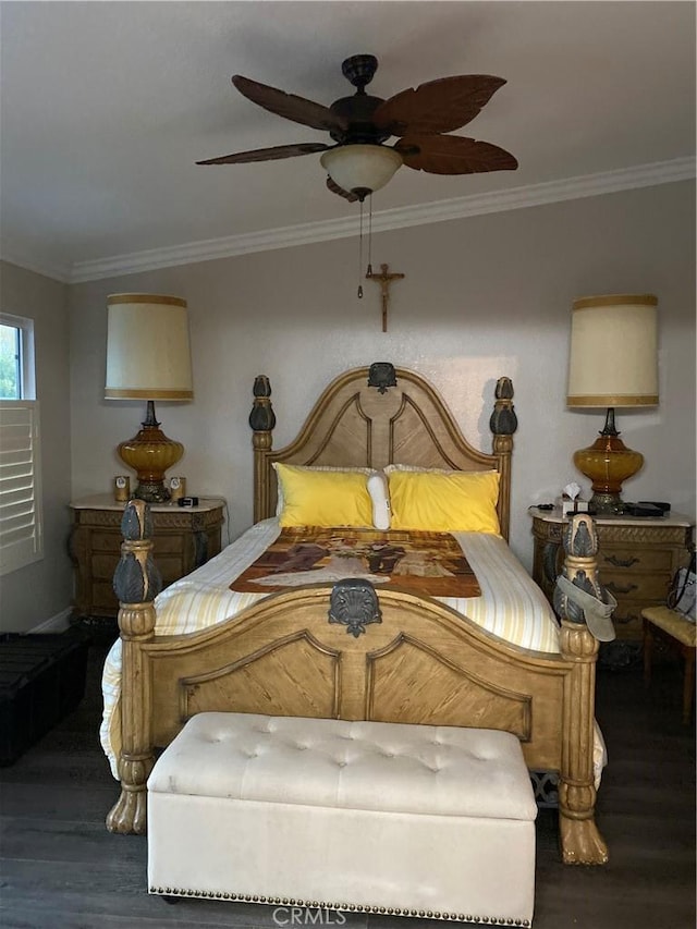 bedroom with ceiling fan, ornamental molding, and dark hardwood / wood-style flooring