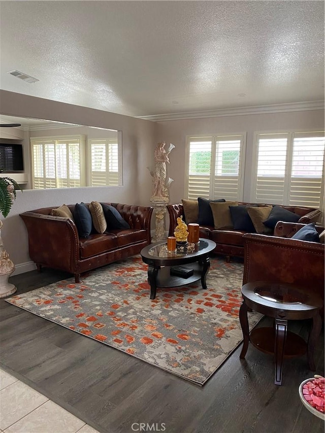 living room with a textured ceiling, ornamental molding, and a healthy amount of sunlight