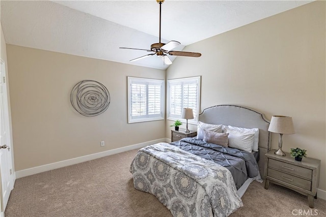 bedroom featuring light colored carpet, ceiling fan, and lofted ceiling