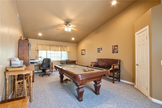 rec room featuring ceiling fan, light carpet, billiards, and vaulted ceiling