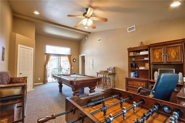 rec room with carpet floors, ceiling fan, lofted ceiling, and billiards