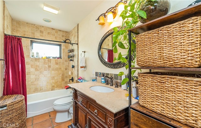 full bathroom featuring tile flooring, shower / bath combination with curtain, toilet, and large vanity