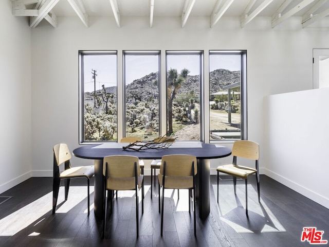 dining room with a healthy amount of sunlight, dark hardwood / wood-style floors, and a mountain view