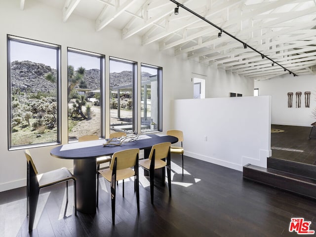 dining room featuring dark wood-type flooring and a mountain view