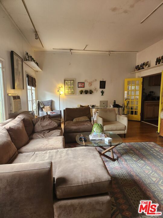 living room with wood-type flooring and rail lighting