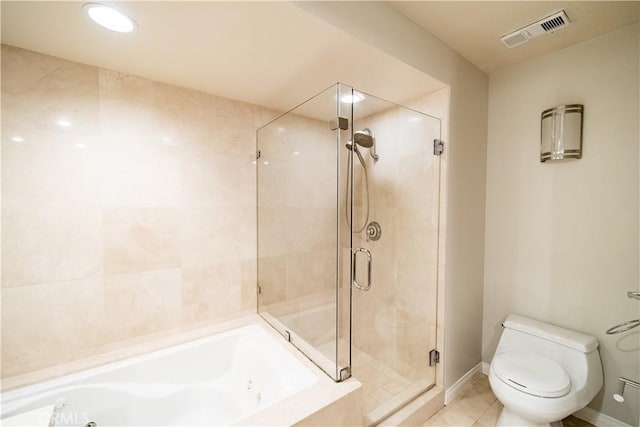 bathroom with shower with separate bathtub, toilet, and tile patterned floors