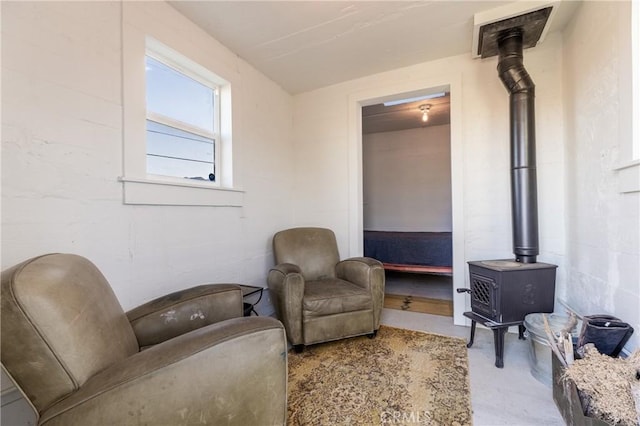 living area featuring a wood stove