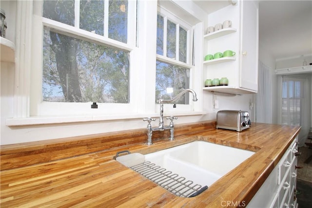 kitchen with a wealth of natural light, sink, hardwood / wood-style floors, and wood counters