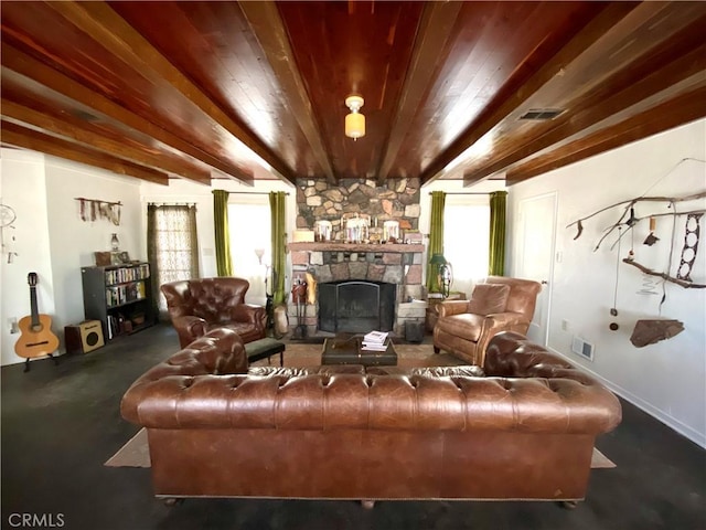 living room with a stone fireplace, beamed ceiling, and wooden ceiling