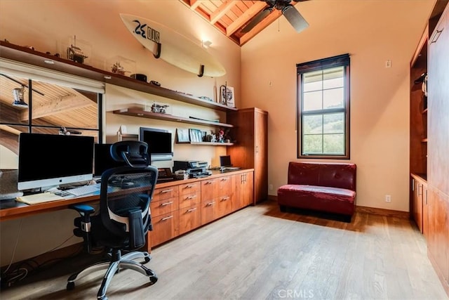 office area with wooden ceiling, lofted ceiling with beams, ceiling fan, light wood-type flooring, and built in desk