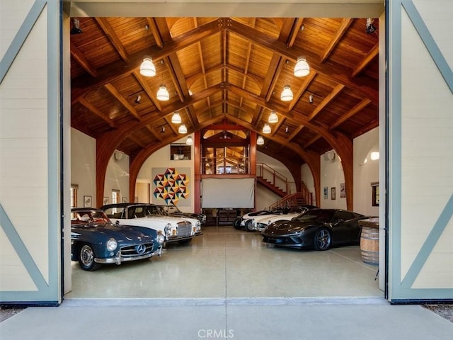 garage featuring wooden ceiling