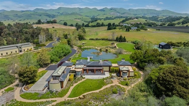 birds eye view of property featuring a water and mountain view