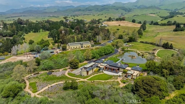 bird's eye view featuring a water and mountain view