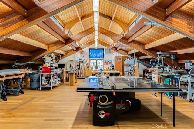 game room with lofted ceiling with beams, light hardwood / wood-style flooring, and wooden ceiling