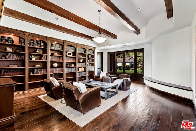 sitting room featuring brick ceiling, dark hardwood / wood-style flooring, lofted ceiling, and french doors