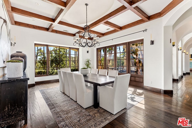 dining space with dark wood-type flooring, a chandelier, coffered ceiling, and beamed ceiling