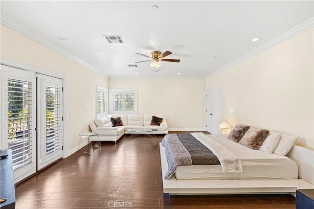 bedroom featuring access to exterior, ceiling fan, crown molding, and dark hardwood / wood-style floors