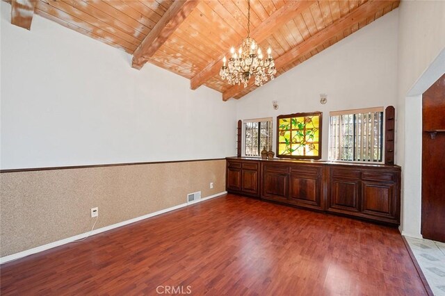 empty room featuring wood ceiling, vaulted ceiling with beams, wood-type flooring, and a notable chandelier