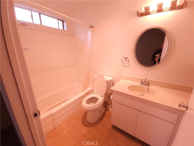 full bathroom featuring vanity, shower / tub combo, toilet, and tile patterned floors