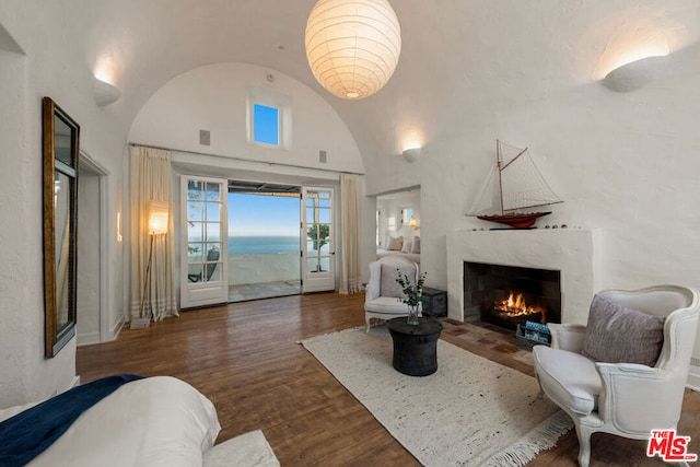 living room featuring dark hardwood / wood-style flooring, a water view, and a premium fireplace