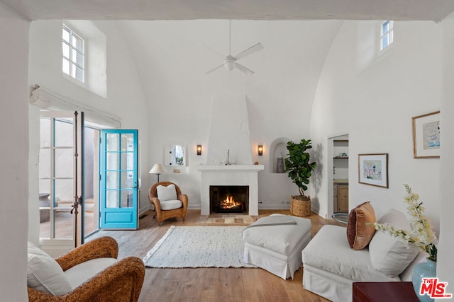 living room with plenty of natural light and high vaulted ceiling