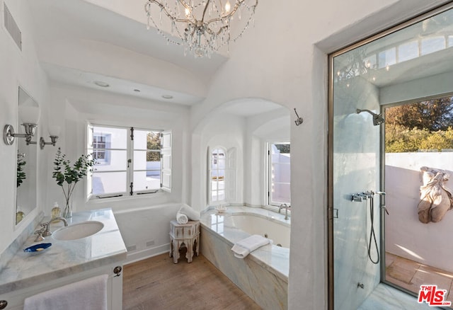 bathroom with a healthy amount of sunlight, wood-type flooring, vanity, and independent shower and bath