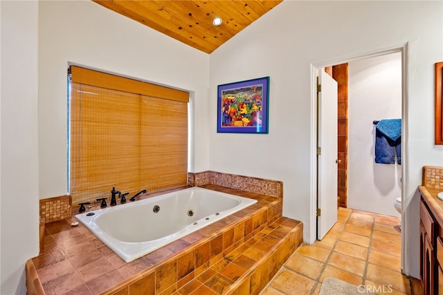 bathroom with tile flooring, vaulted ceiling, wood ceiling, vanity, and toilet