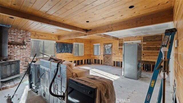 living room with beam ceiling, a wood stove, and wood walls