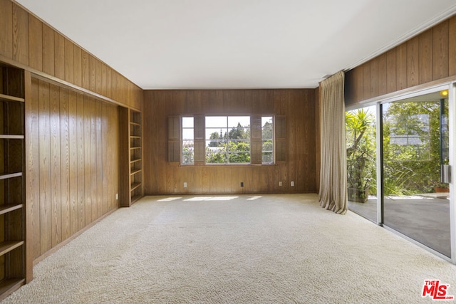 spare room with carpet flooring, a wealth of natural light, and wooden walls