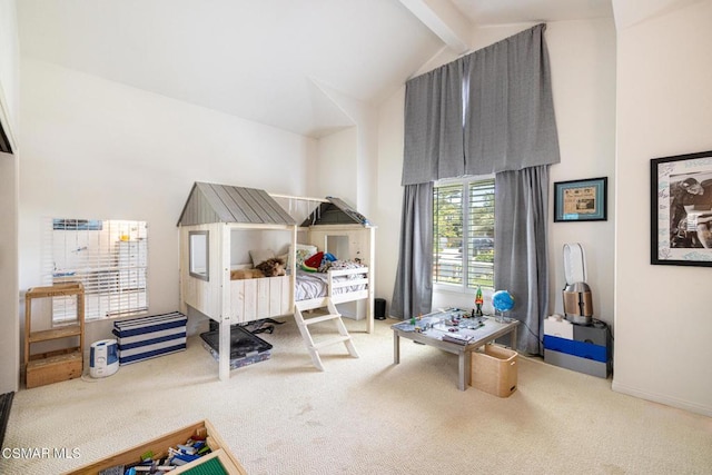 bedroom featuring carpet flooring and lofted ceiling with beams