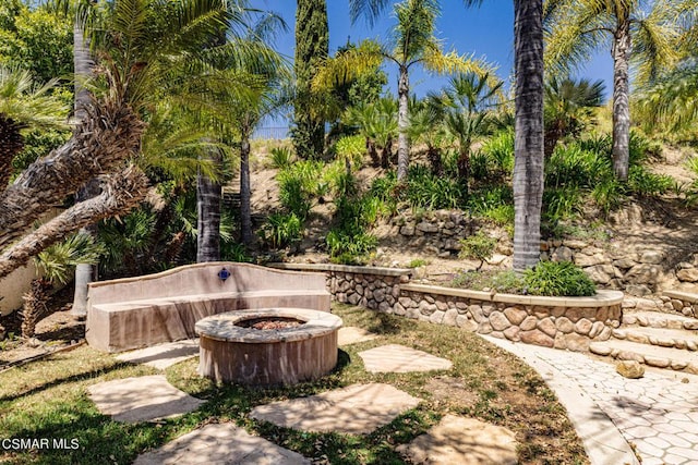 view of yard with an outdoor fire pit