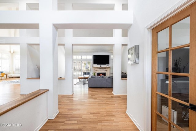 hall featuring light wood-type flooring and a towering ceiling