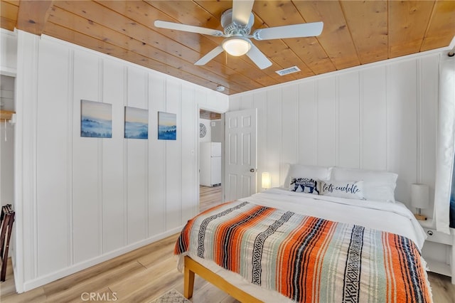 bedroom featuring ceiling fan, light hardwood / wood-style floors, and wooden ceiling