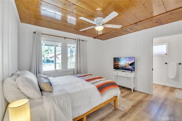 bedroom featuring wood ceiling, light wood-type flooring, ceiling fan, and wooden walls