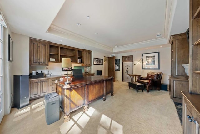 interior space with light carpet, a raised ceiling, and ornamental molding