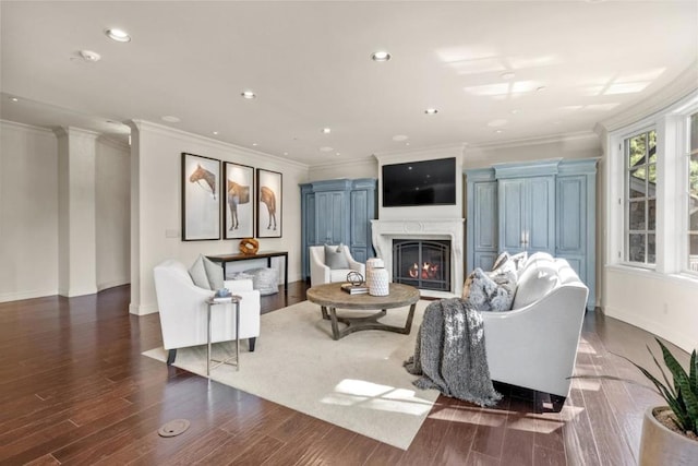 living room with crown molding and dark hardwood / wood-style floors