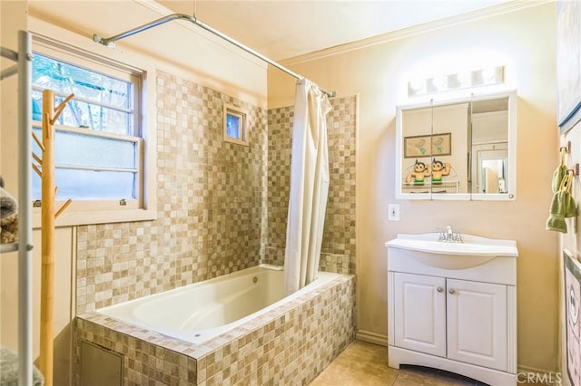 bathroom with vanity, tile patterned floors, ornamental molding, and shower / tub combo with curtain