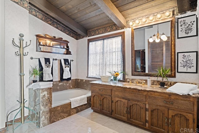 full bath with vanity, beamed ceiling, a bath, wood ceiling, and a notable chandelier