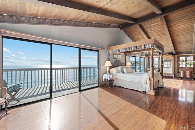 bedroom featuring lofted ceiling with beams, a water view, access to outside, wood ceiling, and wood-type flooring