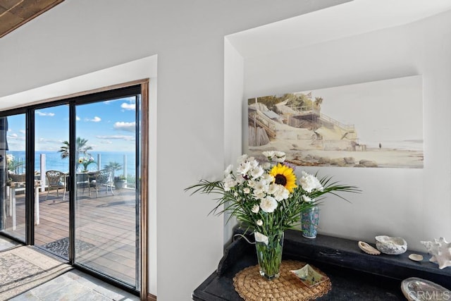interior space with a water view