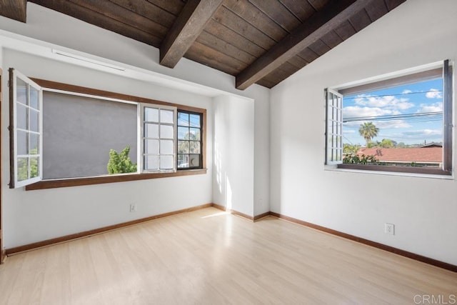 spare room with wood ceiling, lofted ceiling with beams, baseboards, and wood finished floors