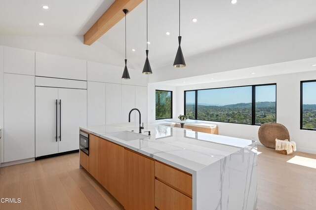 kitchen with white cabinets, sink, light hardwood / wood-style flooring, and a large island with sink